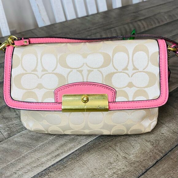 Coach Wristlet Handbag S Kristin Beige Signature Canvas Pink Leather Trim - Picture 3 of 9